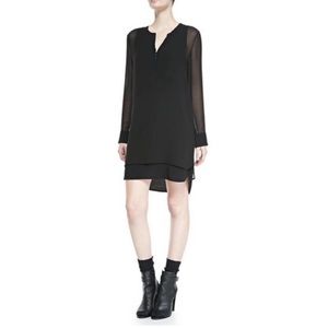 VINCE Black Shirttail Long Sleeve Shift Dress Surplice Neck Double Layers Silk 4